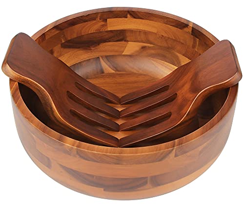 Acacia Wood Salad Bowl Set with Serving Utensils - Large Mixing Bowl for Fruits, Salad, Cereal, Pasta - 11 Inch Diameter
