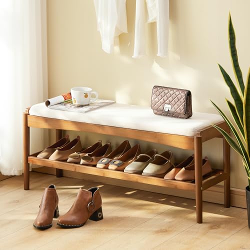STDDRE Bamboo Shoe Bench with Padded Seat, 2-Tier Entryway Organizer, Brown-Beige, 39.4 x 11.4 x 16.5 inches