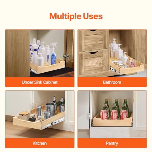 1 Tier Pull Out Cabinet Organizer - 14 x 21 Inches Wooden Shelf with Soft Close Slides