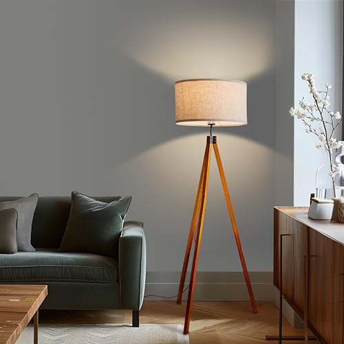 Tall Tripod Floor Lamp with Dimmable LED, Solid Wood Legs for Living Room & Bedroom