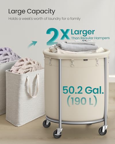 SONGMICS Cream White 190L Laundry Basket with Wheels & Removable Bag