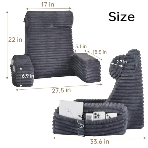 XL Back Pillow for Bed Sitting with Armrests & Large Pockets - Dark Grey