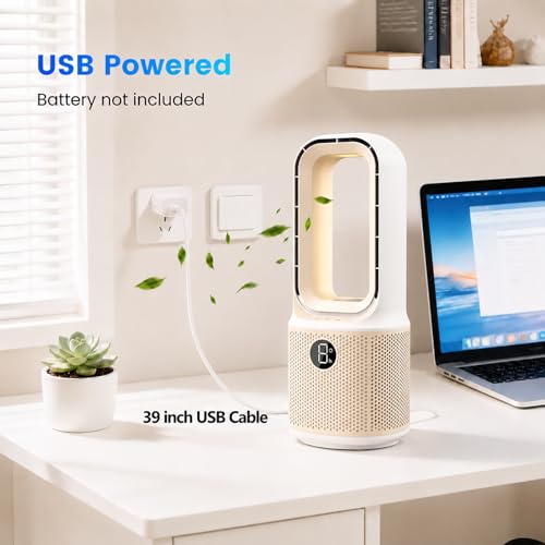 Misby Ivory White 13-Inch Bladeless Desk Fan with Night Light & 5 Speeds