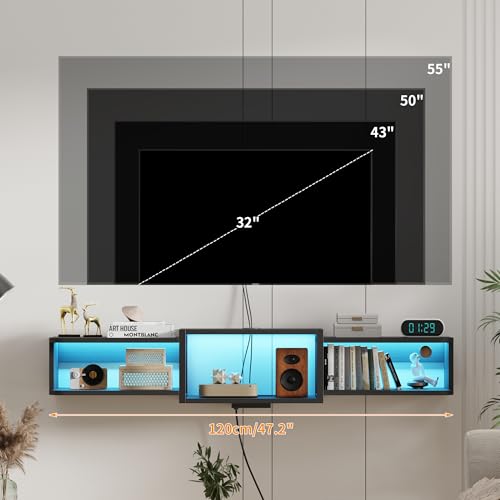 Qupui 47.3-Inch Floating TV Stand with LED RGB Lighting, USB Charging, Black