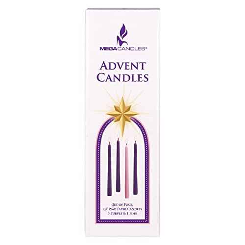 Mega Candles 4 pcs Unscented Christmas Advent Candles Set, Hand Poured Premium Wax Taper Candle 10 Inch x 7/8 Inch, Holidays, Occasions, Events, Festivities, Devotional, Church, Wreath, Party, Gifts