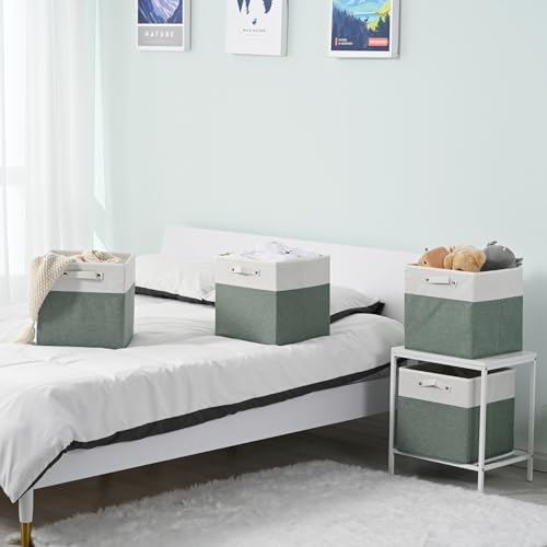 FinishingBo 13x13x13 Storage Cube Bins - White & Green 4 Pack, Foldable Linen Baskets