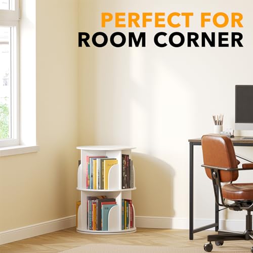 2-Tier Rotating Bookshelf Tower - 25.6 Inch White Spinning Bookcase Lazy Susan
