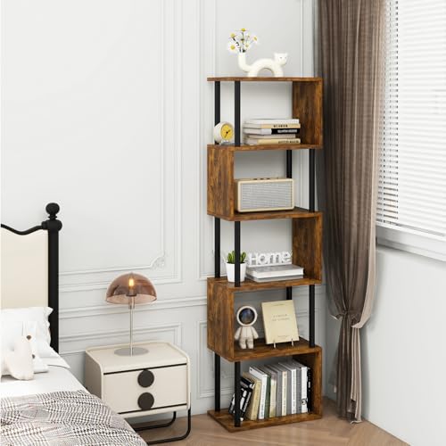 6-Tier S-Shaped Geometric Bookcase - Rustic Brown Tall Bookshelf with Storage