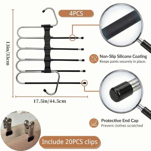 4 Pack Space Saving Jeans Hangers with Clips - Heavy Duty Stainless Steel for Closet, Black, Variation 4