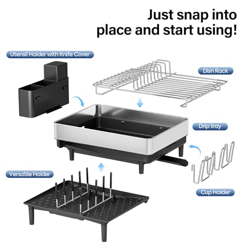 Urackify Expandable Dish Drying Rack - Large Capacity Stainless Steel, Silver with Black