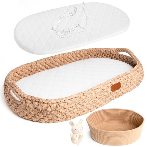 Baby Changing Basket Set with Soft Mattress & Waterproof Cover - Handmade Boho Moses Basket for Newborns