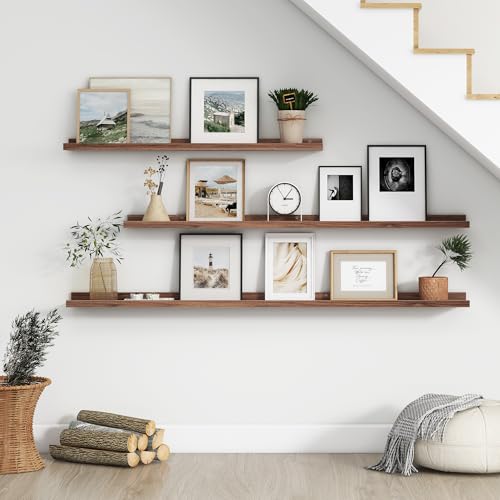 FLYJOE 56-Inch Floating Picture Ledge Shelves Set of 4 Walnut Wall Display Shelves for Photos & Books