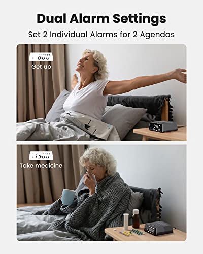 JACKYLED Black Alarm Clock with 4 USB Chargers & Power Outlets, Dimmable LED Display