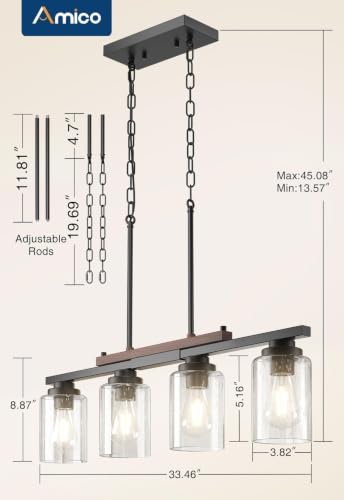 Amico 4-Light Seeded Glass Kitchen Island Chandelier - Modern Farmhouse Pendant Lighting