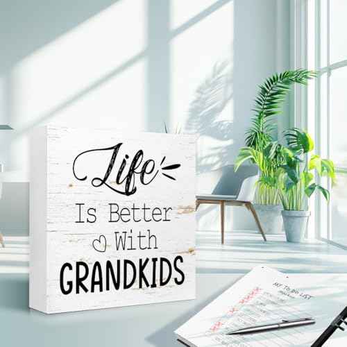 Funny Farmhouse Wood Box Sign Wall Decor, Life Is Better With Grandkids Wood Block Sign Wall Decorate, Grandparents Gift Rustic Home Office Desk Tabletop Shelf Decoration