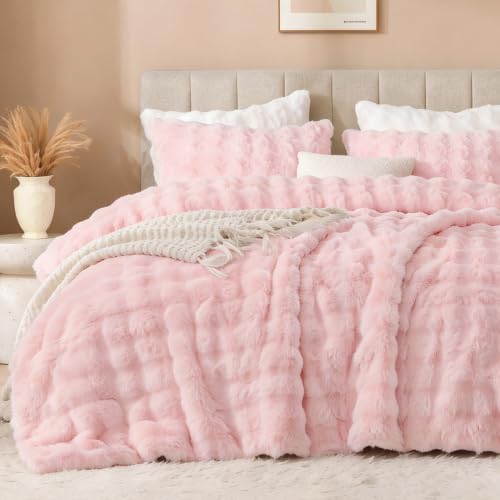 Pink Faux Rabbit Fur Comforter Set - 3 Piece Cozy Bedding