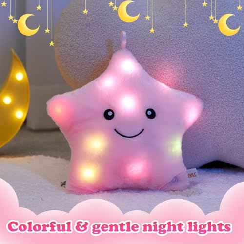 WEWILL 9'' LED Twinkle Star Soft Plush Pillow Toys Glowing Stuffed Star Light up Pillow Plush with Colorful Night Lights Birthday for Toddler Kids(Pink)