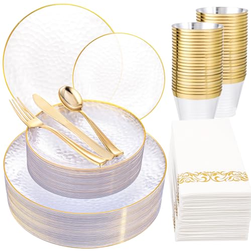 Clear Gold Plastic Dinnerware Set for 25 Guests - Hammered Plates & Cutlery