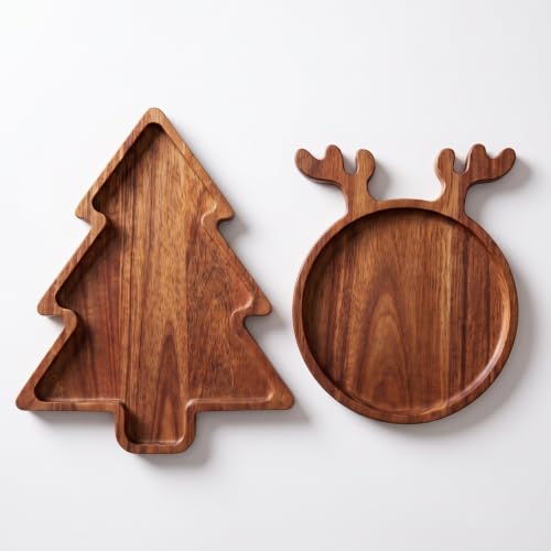 Nhohobiy Acacia Wood Christmas Tree Charcuterie Board & Reindeer Tray – Medium (Tree & Reindeer)