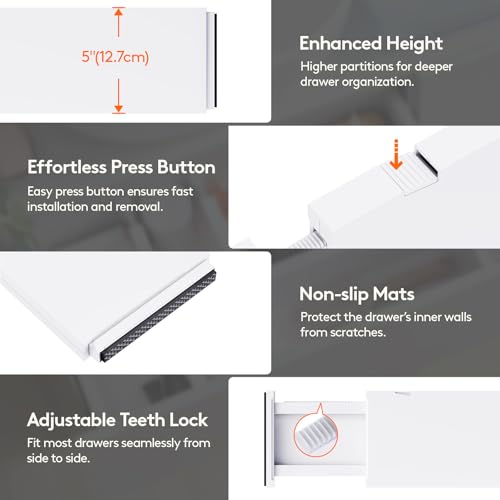 Adjustable Drawer Dividers 5 Inch Tall, Expandable & Non-Slip, Fits 13.5-22 Inches Deep Drawers — Variation of 5/5"H, 13.5-22"L
