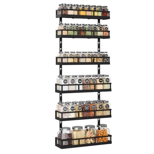 Wall-Mounted Spice Rack Organizer - 6-Tier Adjustable Shelves with Mixed Baskets - Black / 6x 4.6"D