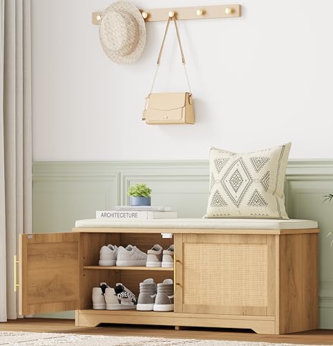 Zeibospri Rattan Shoe Storage Bench 39.4" Wide Entryway Bench with Adjustable Shelf, Natural Oak Finish, 13.8"D x 39.4"W x 17.9"H