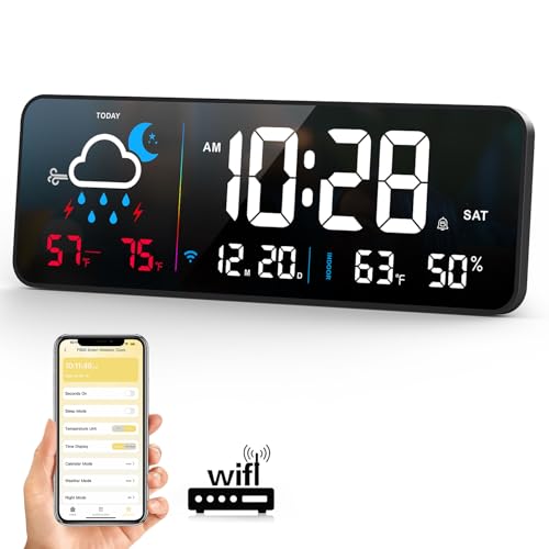 Large Digital Wall Clock with Weather & Network Sync - Black