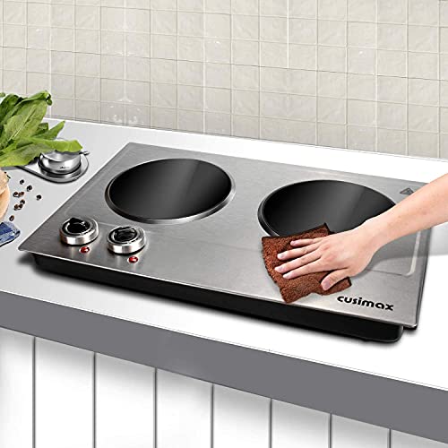 CUSIMAX Double 1800W Electric Hot Plate - Silver Cooktop with Independent Controls
