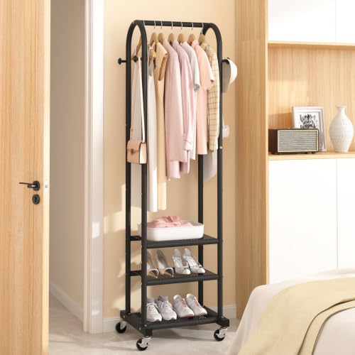 Kaitiemoo Clothing Rack, Mobile Garment Rack with Wheels & 3 Shelves,