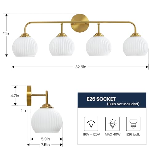 Brushed Gold 4-Light Bathroom Vanity Light Fixture with Frosted Glass - Wall Sconce
