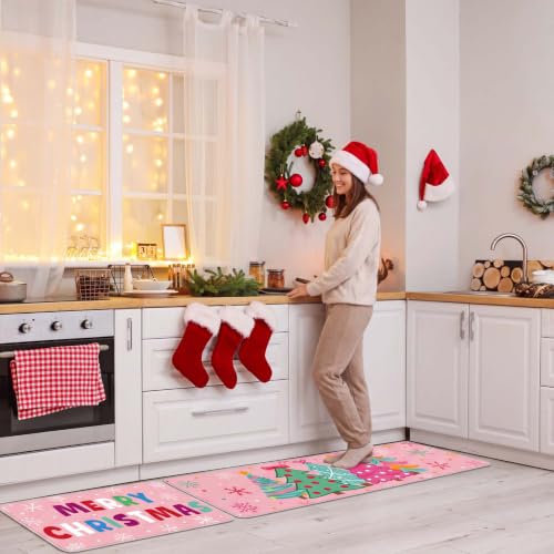 Pink Christmas Kitchen Rugs Set with Xmas Tree & Snowflake Decorations - Non Slip, 2 Pack, Christmas Tree Variation