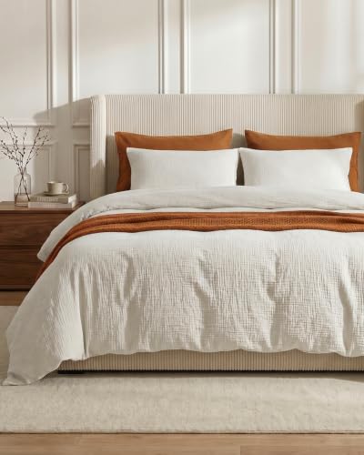 SE SOFTEXLY White Queen Size Muslin Duvet Cover Set - 100% Washed Cotton, Ultra Soft, Linen-Like, 3 Pieces