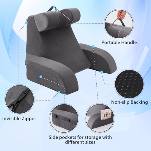 Velorose Medium 19-Inch Reading Pillow for Sitting Up in Bed, Grey, Flip-Up Headrest