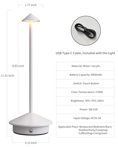 Cordless LED Table Lamp Set of 2 - Portable White Desk Lamps with Touch Control