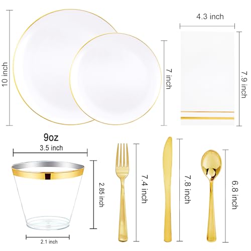50 Guests Round Gold Disposable Dinnerware Set - Plates, Cups, Silverware & Napkins