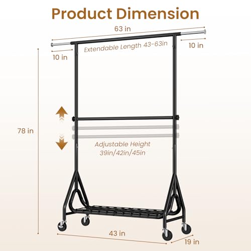Heavy Duty Clothes Rack with Double Rods & Lockable Wheels - Black, 78-Inch