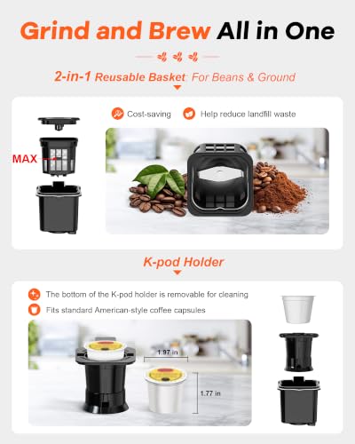 Horavie Single Serve Coffee Maker with Built-in Grinder - Black