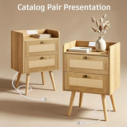 EOLULIG Rattan Nightstands Set of 2 with Natural Wood Finish, Boho Bedside Tables with 2 Drawers & Built-in Charging Station