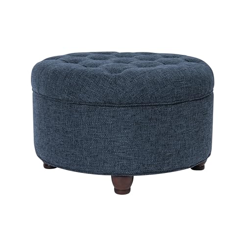 Navy Woven Large Button Tufted Round Storage Ottoman - 25 Inch