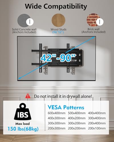 Long Arm Wall Mount for 42-90 Inch TVs up to 150 lbs - Corner Full Motion Bracket - Fits VESA 200x100 to 600x400mm - Extend, Tilt, Swivel, Height Adjustable