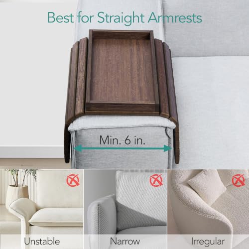 Walnut Couch Arm Tray with Spacious Storage Box and Non-Slip Felt Base