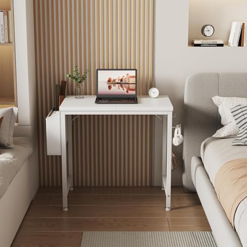 Small White Study Desk 23.6 Inch for Kids Girls with Storage Bag & Headphone Hook