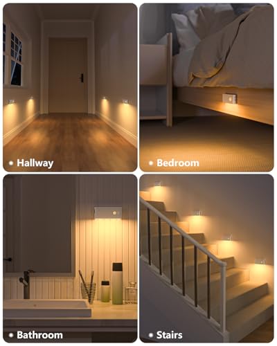 Rechargeable Warm White LED Night Light Set - 10 Pack, Wireless Motion Sensor, Stick-On Indoor Stair & Hallway Lights - White