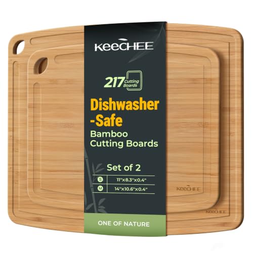 Keechee Bamboo Cutting Boards Set of 2 - Medium & Small Dishwasher Safe Wooden Chopping Boards with Juice Groove
