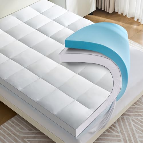 Aodenge White 4 Inch Dual Layer Queen Mattress Topper with Cooling Gel Memory Foam & Pillow Top, Deep Pocket