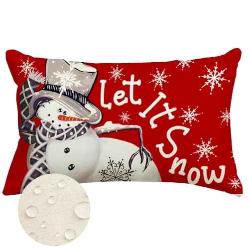 RABUSOFA Outdoor Christmas Pillow Covers 12x20 Inch Waterproof,Winter Decorations Pillows Decorative Throw Pillows Snowman Xmas Let It Snow Lumbar Cushion Covers for Home Decor Couch Holiday