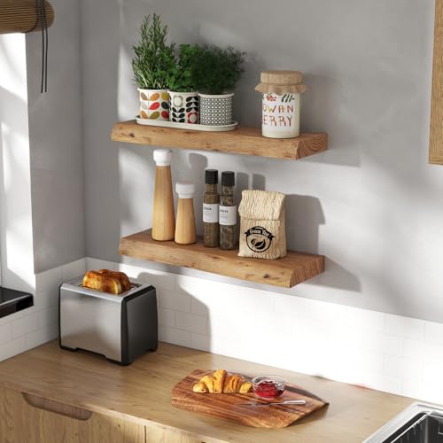 Natural Elm Wood Floating Shelves - Live Edge Wall Mount 24" 2 Pack