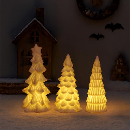 Lighted Ceramic Christmas Tree Set - 3 Small White Holiday Decor Figurines