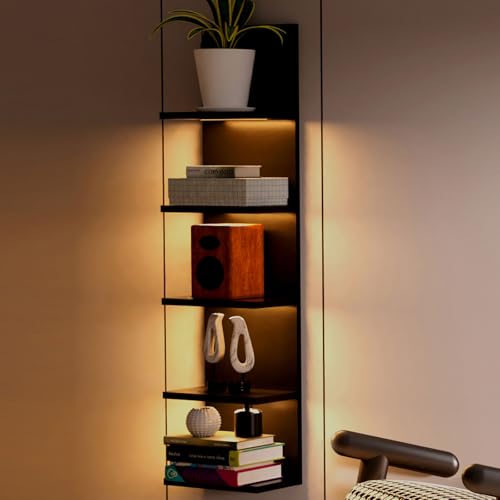 Homaterial 5-Tier Wall Shelf Unit with Light - Black, Modern Floating Shelves