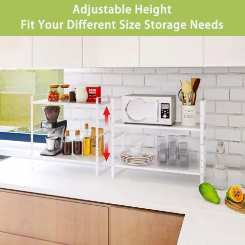 Across-Star Expandable White Kitchen Counter Organizer Rack 2 Pack, Adjustable & Stackable Spice & Pantry Shelves